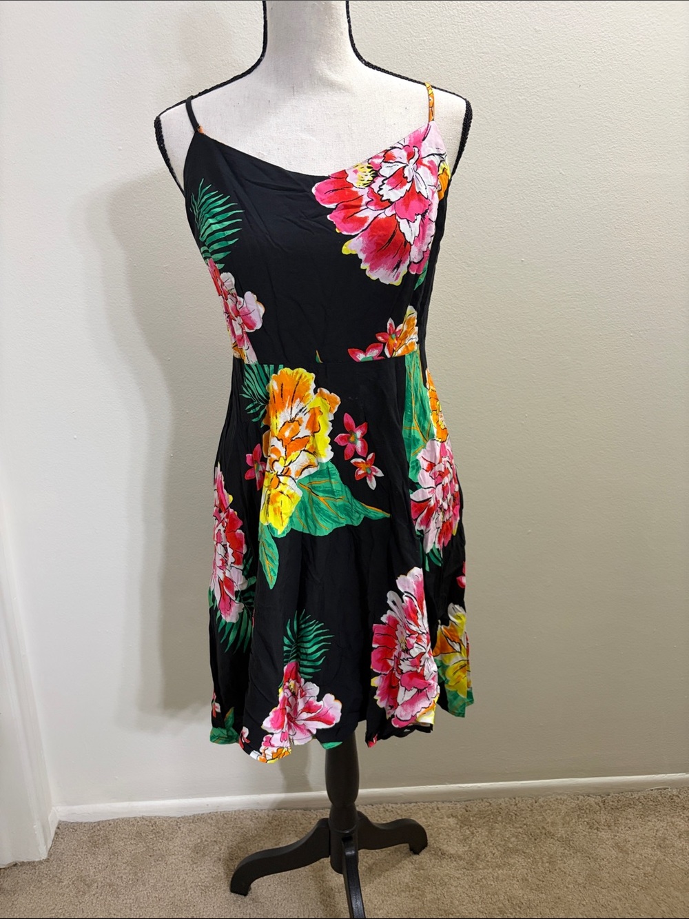 Old Navy Black Floral Spaghetti-Strap Dress with Pink and Green Accents